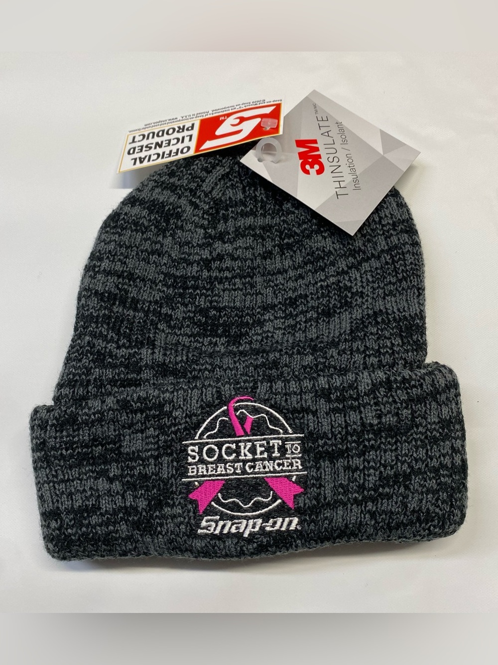 Snap-On Knit Beanie Adult Hat - Charcoal and Pink Breast Cancer Ribbon